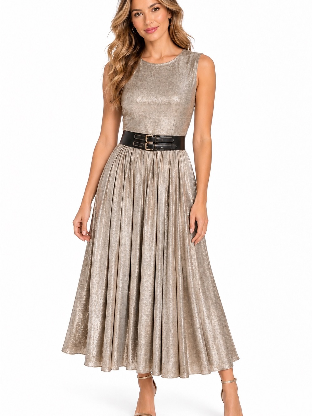 Maggy London Metallic Gold Sleeveless Pleated Midi Dress